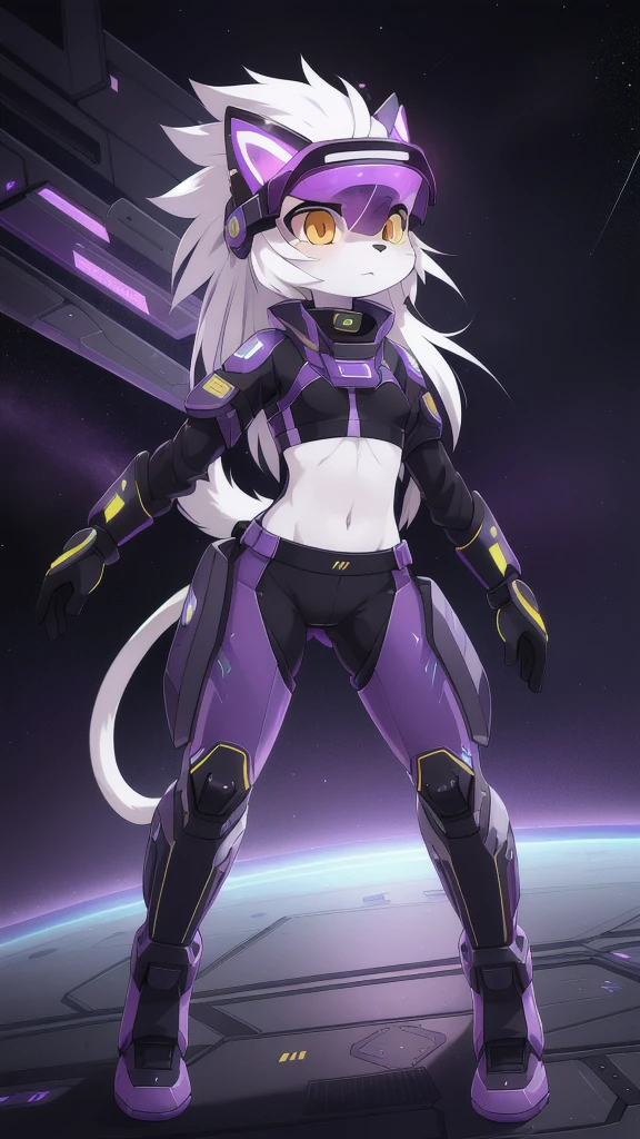 Furry girl, cat, yellow eyes, black and white body fur, ((long visor, purple visor, futuristic soldier clothing, midriff)), mohawk hair, white hair, small breasts, detailed body fur, detailed face, detailed eyes, glistering body, shiny body, gorgeous body, skinny, solo, space,