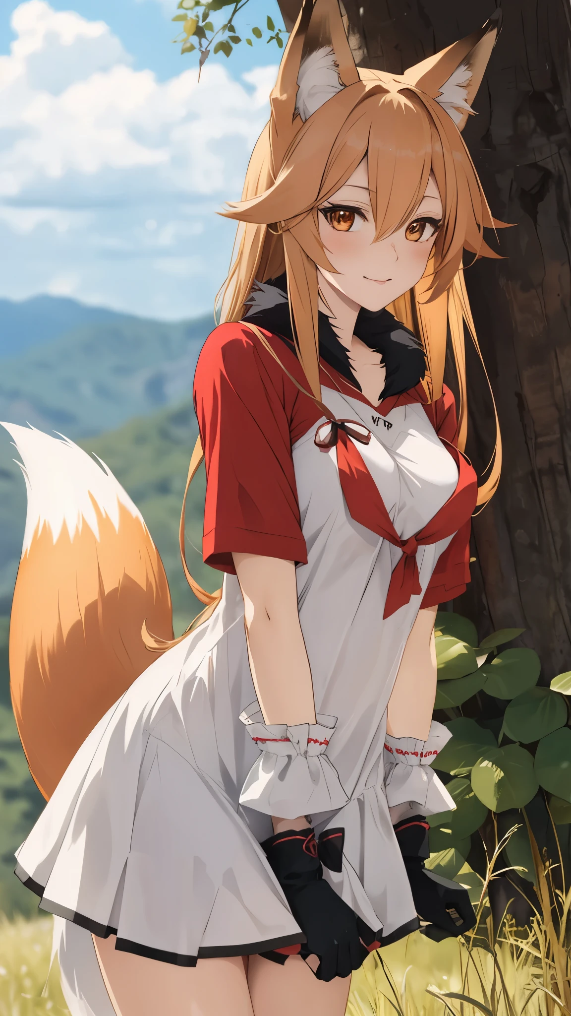 fox Girl, fox'Tail,A girl、 Open chest kimono,Long hair、Gentle、((Maid costume))、external、grassland