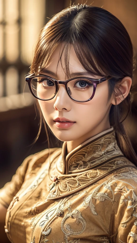 a cute chinese girl in glasses, tight jeans, extremely detailed facial features, intricate clothing textures, photorealistic, 8k, masterpiece, beautiful detailed eyes, beautiful detailed lips, extremely detailed eyes and face, long eyelashes, dynamic pose, soft warm lighting, cinematic composition, vibrant colors, realistic shading, hyper realistic, beige crop top 