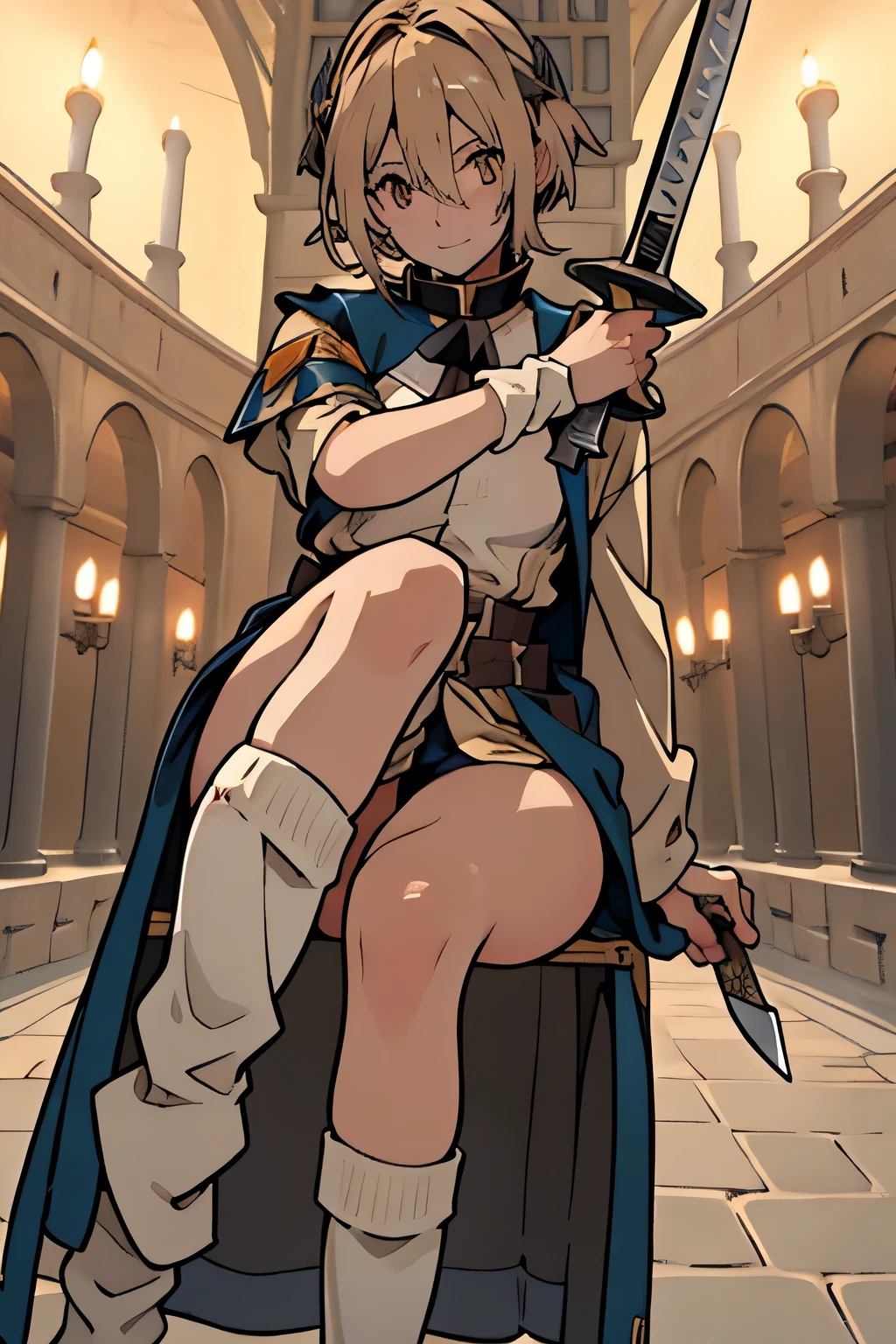 ,Perfect ,don quixote \(limbus company\, Naked、Blonde hair, Short hair, hair between eye, Orange Eyes, She straddles the bayonet、(Musketeers in medieval Europe )､hiqcgbody