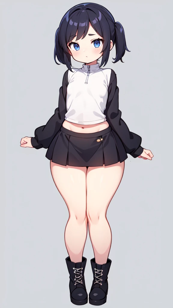 blank background, (((full body))), (masterpiece), ((best quality)), (very short girl), flat chest, short twintail, (wide hips:1.4), (thick thighs:1.4), (very short skirt), toeless footwear