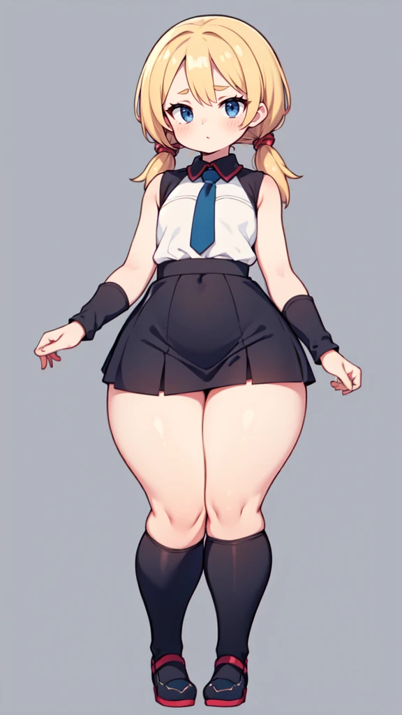 blank background, (((full body))), (masterpiece), ((best quality)), (very short girl), flat chest, short twintail, (wide hips:1.4), (thick thighs:1.4), (very short skirt), toeless footwear