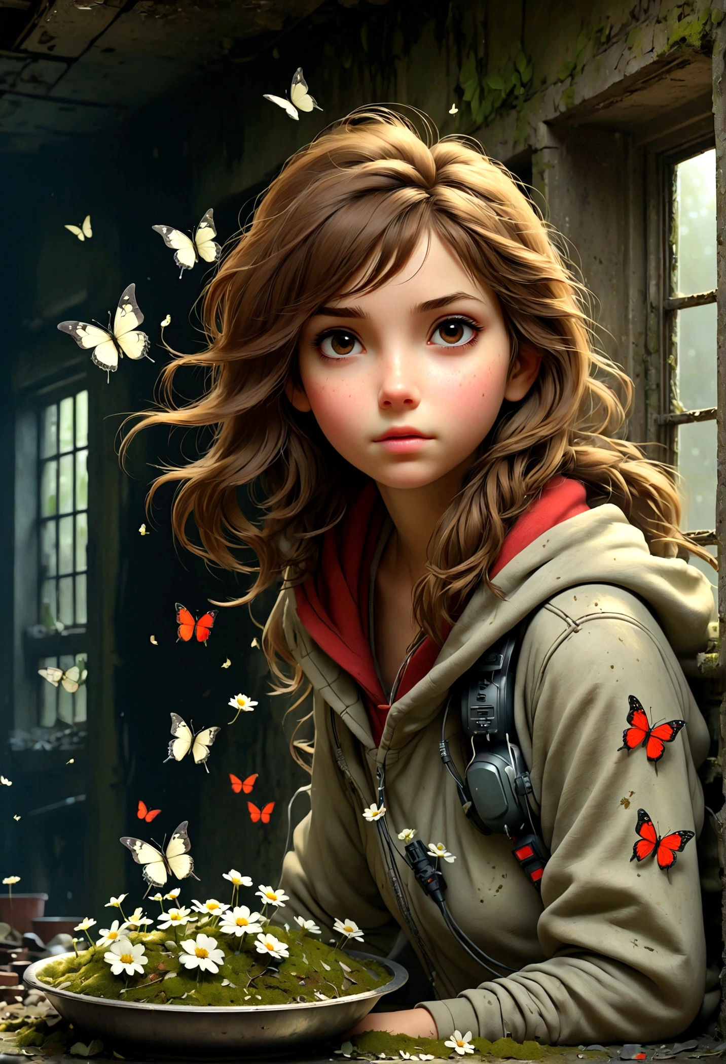 Gunshots outside the window,Flying fighter aircraft,Cute Girls, Brown Hair,Pushed down, Eye Gaze,Dirty Face,Desolate, moss covered, Dilapidated, dirty, (Highest quality,4K,8K,High resolution,masterpiece:1.2),Very detailed,(practical,photopractical,photo-practical:1.37),Dark fantasy,strict,Mood Lighting,Dramatic Shadows,movie,Moody color palette,Soft tones,garbage,corruption,Weathered,Shabby,small white flowers,Dungeons,Grave,Black and Red,There is a broken bowl in front.,Footprint,stage,vine,rainwater,swarm of glowing butterflies,A group of transparent wandering souls, Ghost、Neon Light、night、cyber punk、Headphones on neck、Animal ears hoodie、