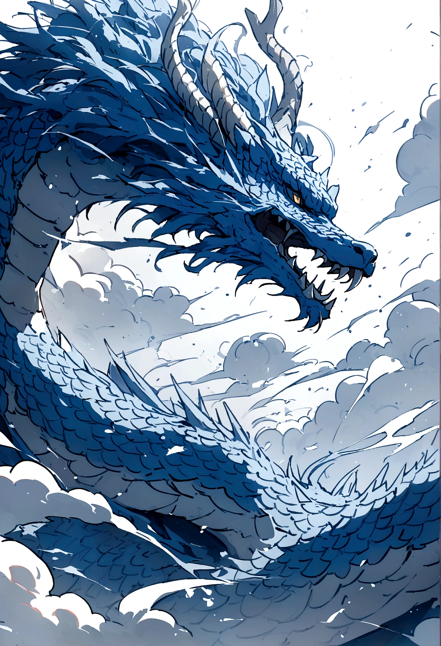 Katsushika Hokusai style, ink painting, subdued colors, Japanese brush touch, drawn on washi paper, Japanese legendary creature "Blue Dragon", a blue dragon should not have wings, a snake-like body, flying through the sky twisting its long body, a sky with swirling black clouds, a dark and frightening impression, a sense of fear, power, focus on the dragon's eyes,