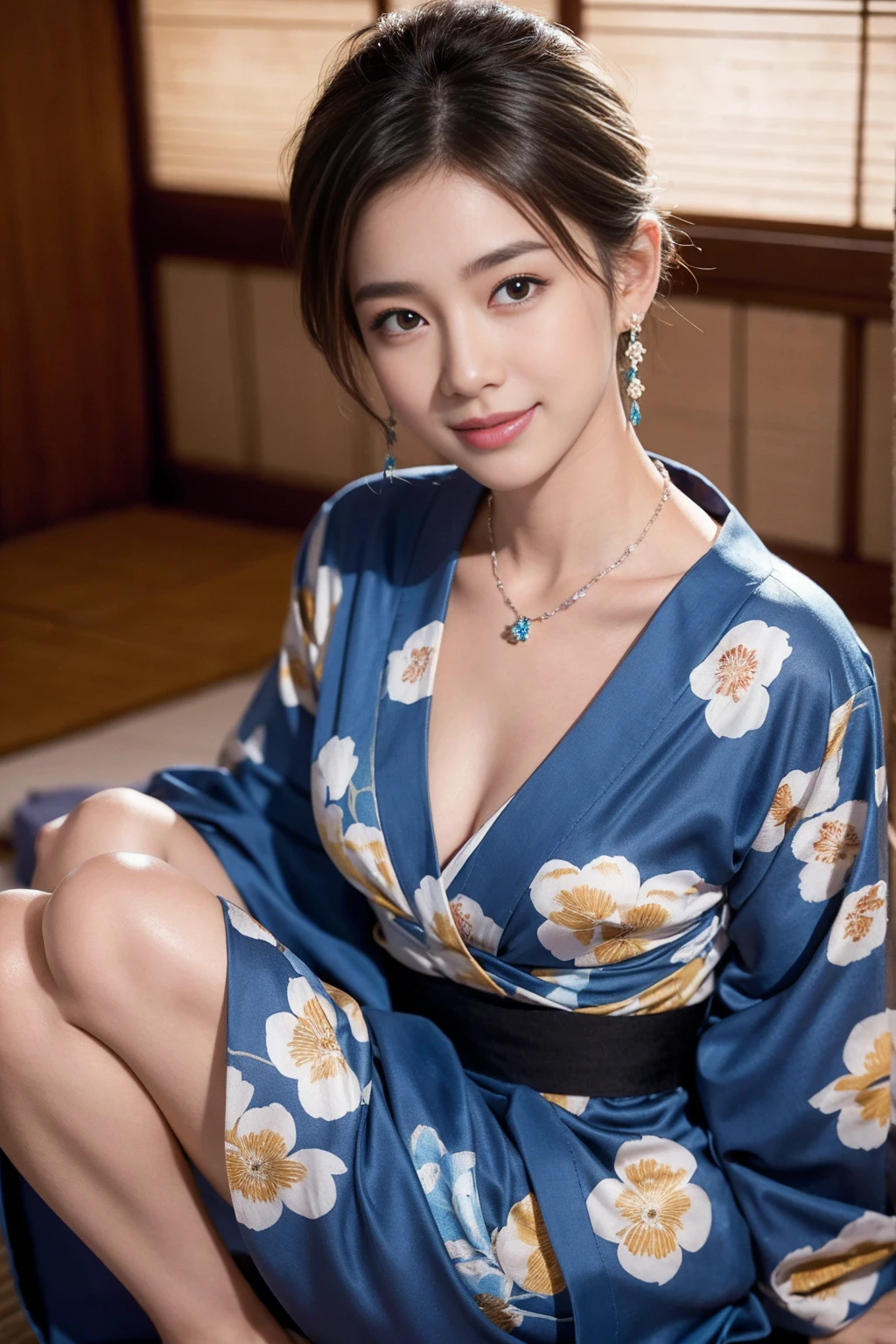 Highest quality,8K, Detailed facial depiction, Detailed description of the eyes,One Woman, Light brown hair(Short Hair),Hair tied up,Beautiful Japanese Girl,24-years-old,Cute eyes,Cute Smile,Yukata beauty,Yukata with a dark blue floral pattern,Slender body, Large, plump breast size, Long and beautiful legs,Smiling, Colorful earrings,necklace,Are standing,Beautiful nape,Summer festival