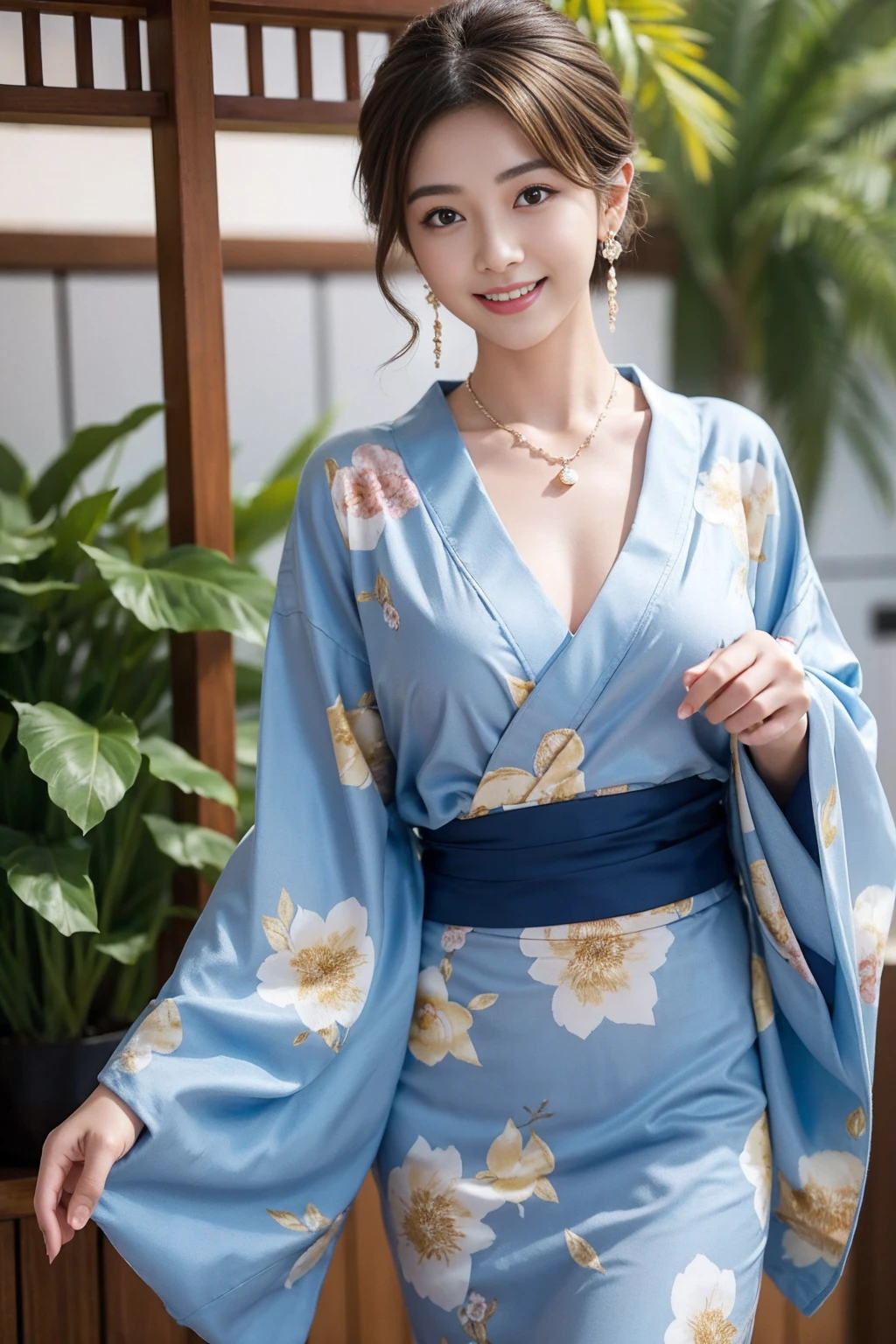 Highest quality,8K, Detailed facial depiction, Detailed description of the eyes,One Woman, Light brown hair(Short Hair),Hair tied up,Beautiful Japanese Girl,24-years-old,Cute eyes,Cute Smile,Yukata beauty,Yukata with a dark blue floral pattern,Slender body, Large, plump breast size, Long and beautiful legs,Smiling, Colorful earrings,necklace,Are standing,Beautiful nape,Summer festival