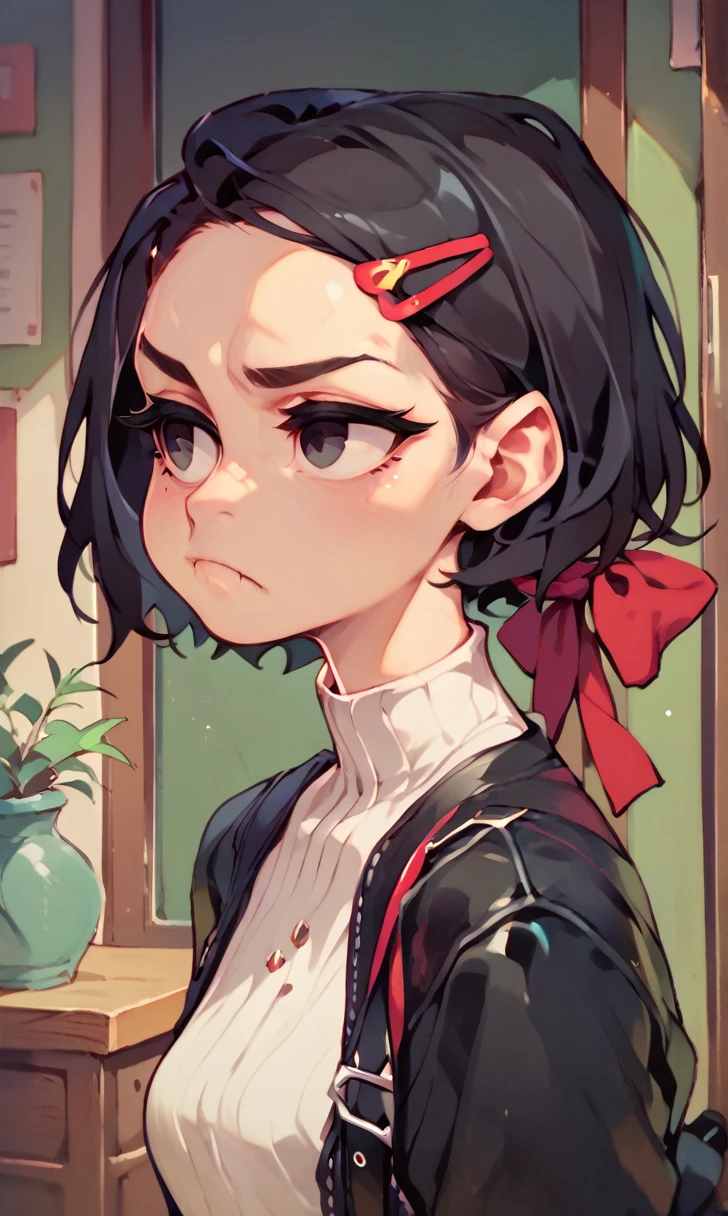 (score_9, score_8_up), score_7_up, score_6_up, score_5_up, score_4_up, Zenko, 1girl, black hair, half-length portrait, hair ornament, hairclip, black eyes, short hair, black leather jacket, white dress, red ribbon, standing, hands behind back, looking away, pout, white socks, black footwear, cheeks, pout, indoors, bedroom, close-up xaxaxa