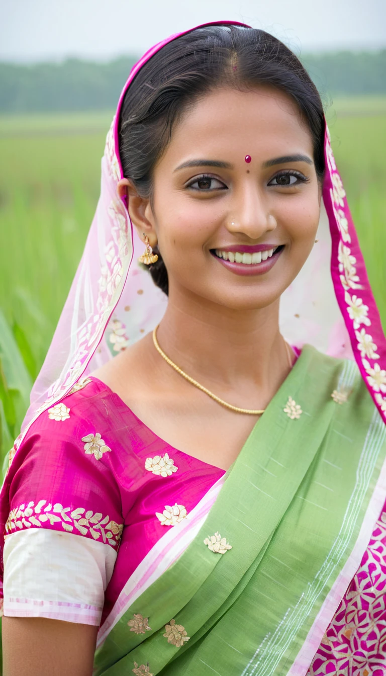 smiling woman in a pink and white sari standing in a field, dressed in a sari, wearing a sari, closeup portrait shot, wearing bihu dress mekhela sador, photo taken with canon 5d, shot with premium dslr camera, mid-shot portrait of a beautiful, mid shot portrait, portait image, with lovely look, joyful look