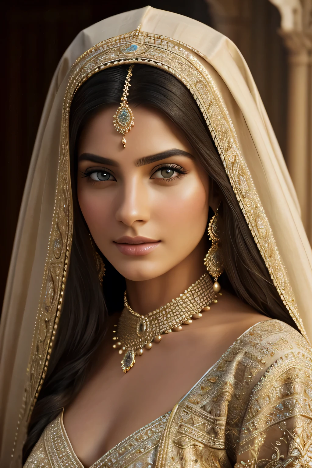 A beautiful woman in traditional Middle Eastern dress, intricate embroidery, flowing fabrics, elegant headdress, radiant skin, piercing eyes, delicate features, serene expression, natural lighting, warm color palette, oil painting, hyper-detailed, photorealistic, award winning, (best quality,4k,8k,highres,masterpiece:1.2),ultra-detailed,(realistic,photorealistic,photo-realistic:1.37)