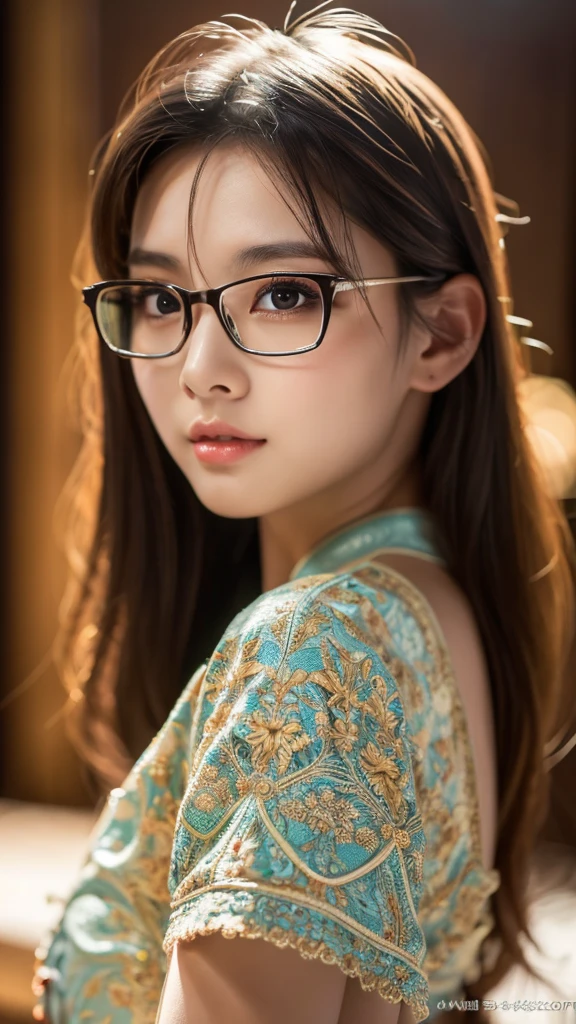 a cute chinese girl in glasses, wearing underwear, extremely detailed facial features, intricate clothing textures, photorealistic, 8k, masterpiece, beautiful detailed eyes, beautiful detailed lips, extremely detailed eyes and face, long eyelashes, dynamic pose, soft warm lighting, cinematic composition, vibrant colors, realistic shading, hyper realistic, 