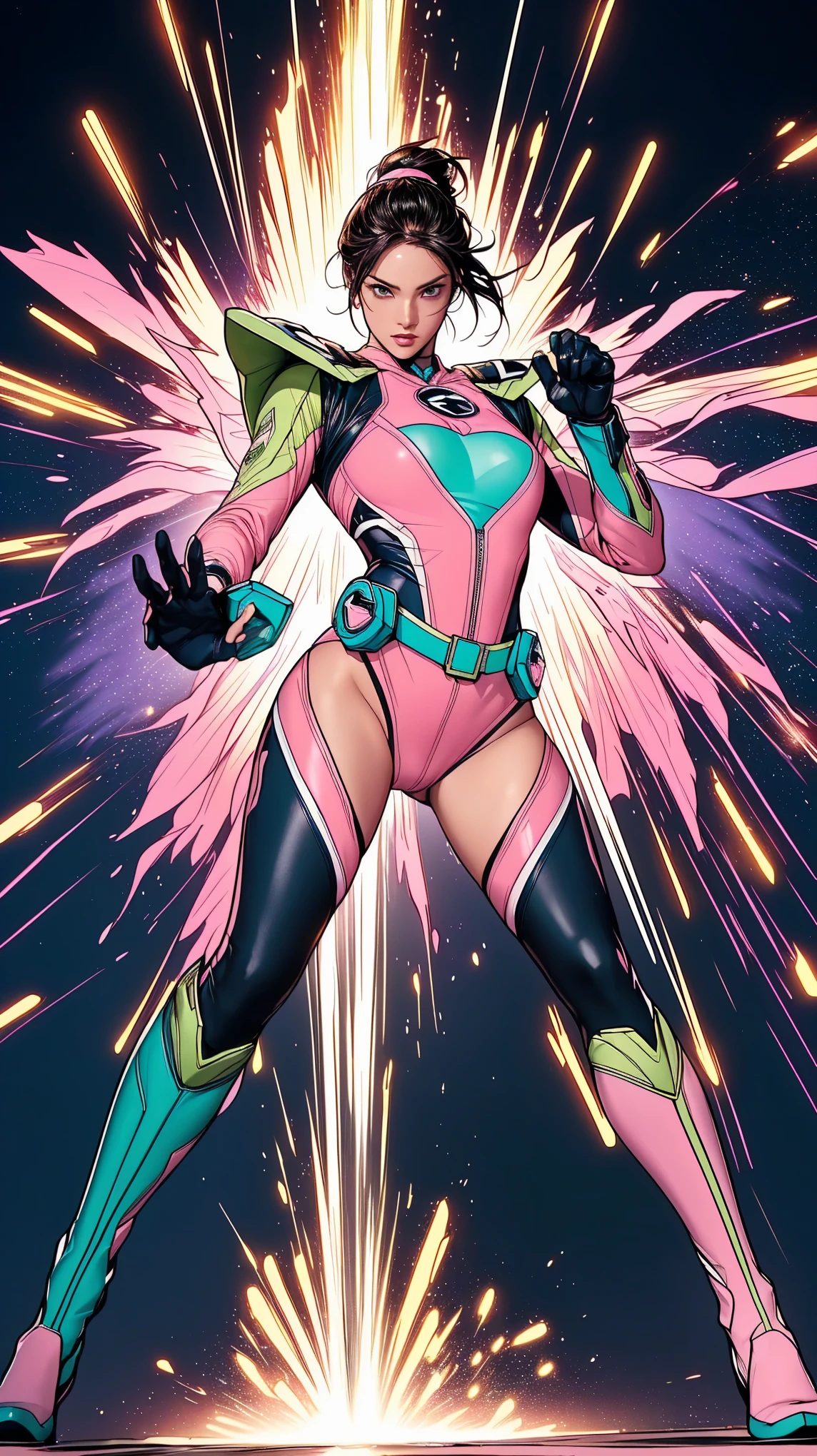 Solo, A brave and courageous image of a 6 member ranger team, Each one is decorated in vibrant colors such as:: ((Pink)), red is front of center, violet, Green, yellow, blue black, white,. Dynamic poses in a background that exudes energy and courage, neon, fire, plasma, Fluorescent, shocking, pink big bomber, splashing pink, running, fighting pose, action pose, Embodying the essence of the classic Sentai superhero team. Each Ranger:: The attire is sophisticated and modern, Each color has elements that reflect its theme., Ready for action. ((Camel Toe)), weapons, in sunset background , in cinematic lighting, cover art mixed cinema poster style,