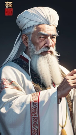 Oriental、An elderly man in plain white ancient Chinese costume、Ancient Chinese hairstyle old man、Highest quality、masterpiece、Ultra-high resolution、(Realistic:1.4)、Game Poster、Crisp and beautiful image quality、White Hair、white and long beard,、Embroidered cloth wrapped around a topknot、
