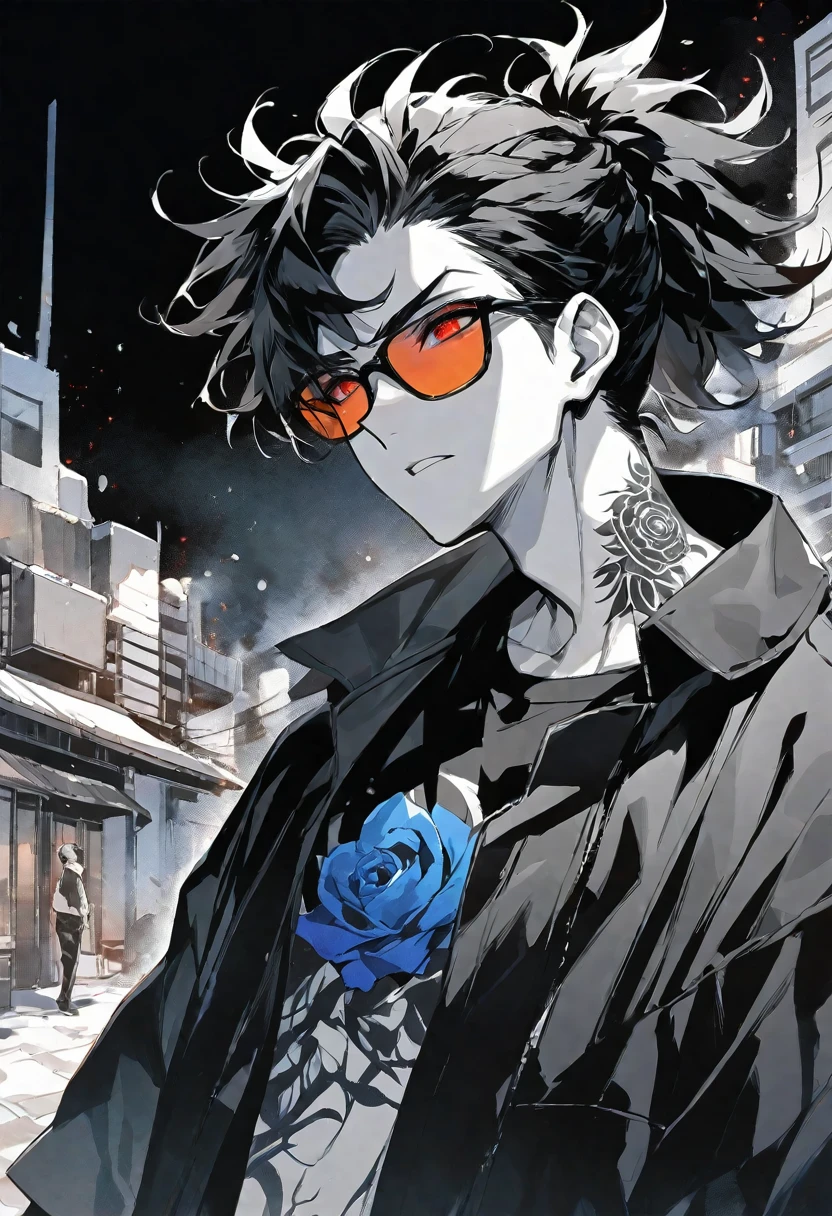 Solo,handsome, monochrome,watercolor,1 male, Ponytail, Braided black hair, red eyes, Gojo Satoru,casual,Blue Rose Tattoo,black Oversized 服,casual,Stylish,cool,Wear sunglasses around your neck,Void,look up,
blackbackground,İcon,Despise face up