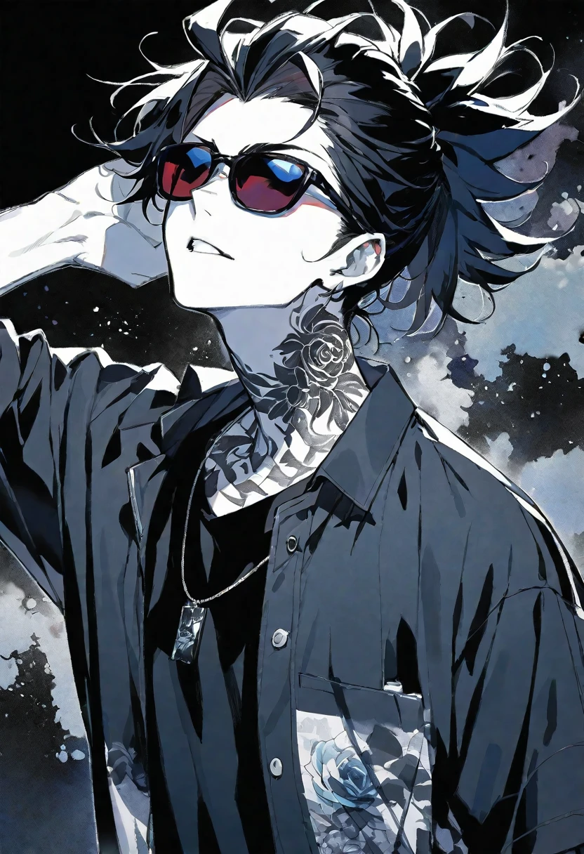 Solo,handsome, monochrome,watercolor,1 male, Ponytail, Braided black hair, red eyes, Gojo Satoru,casual,Blue Rose Tattoo,black Oversized 服,casual,Stylish,cool,Wear sunglasses around your neck,Void,look up,
blackbackground,İcon,Despise face up