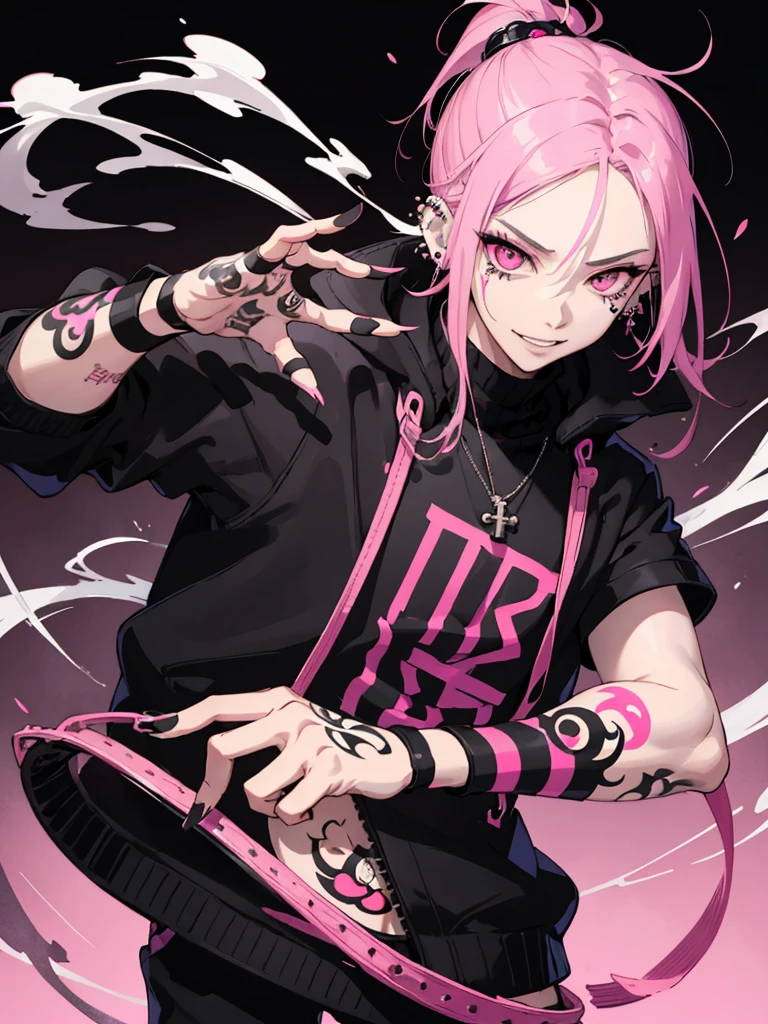 Absurdres, intricate details, masterpiece, best quality, ultra high res, 8k, 1boy, male, bat pattern big hoodie, complex patterns, skinny boy, slender, white shiny skin, light smile, big pink eyes, eye reflections, short male pink hair, outdoor, public tattoos, dark neon pink scenery, (sharp fangs:1), RAW photo, solo, he have blood large claws as hands