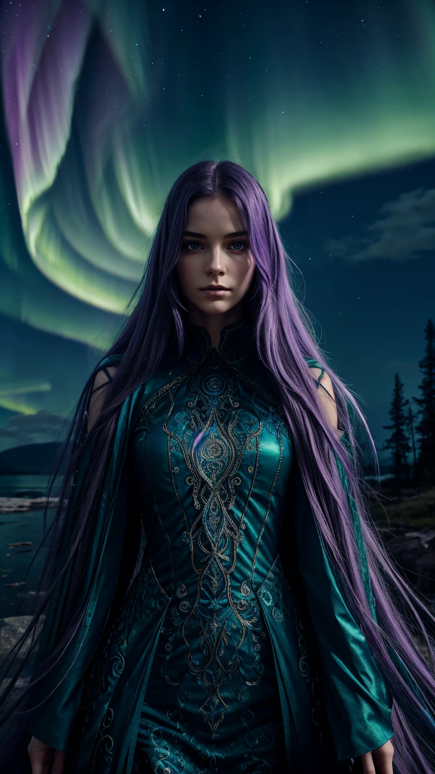 a female character with long, flowing hair that appears to be made of ethereal, swirling patterns resembling the Northern Lights or Aurora Borealis. The background is dominated by deep blues and purples, creating a mysterious and dramatic atmosphere. The character's face is serene, with pale skin and striking features. She wears a dark-colored outfit with subtle patterns. The overall style of the artwork is reminiscent of fantasy or supernatural genres