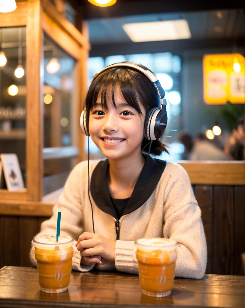 Looking at this, smile, Ultra HD、128k、Masterpiece、 studying in a coffee shop while listening to music on headphones、orange juice, clavicle, RAW Photo、pretty girl、Hands on headphones, Warm lighting、Beautiful night view、Japanese anime style, Smile