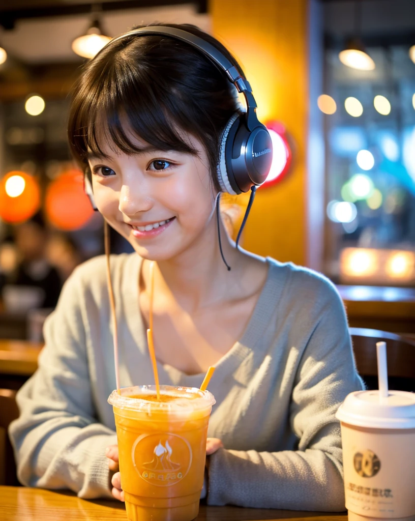 Looking at this, smile, Ultra HD、128k、Masterpiece、Cute little kindergarten girl studying in a coffee shop while listening to music on headphones、orange juice, clavicle, RAW Photo、pretty girl、Hands on headphones, Warm lighting、Beautiful night view、Japanese anime style, Smile