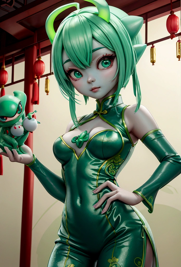 An alien visiting China is fitted with a foam green intricate cheongsam (Extremely alien creature, barely humanoid), Asian royally appointed room