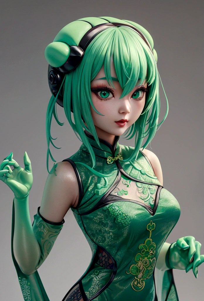 An alien visiting China is fitted with a foam green intricate cheongsam (Extremely alien creature, barely humanoid), Asian royally appointed room