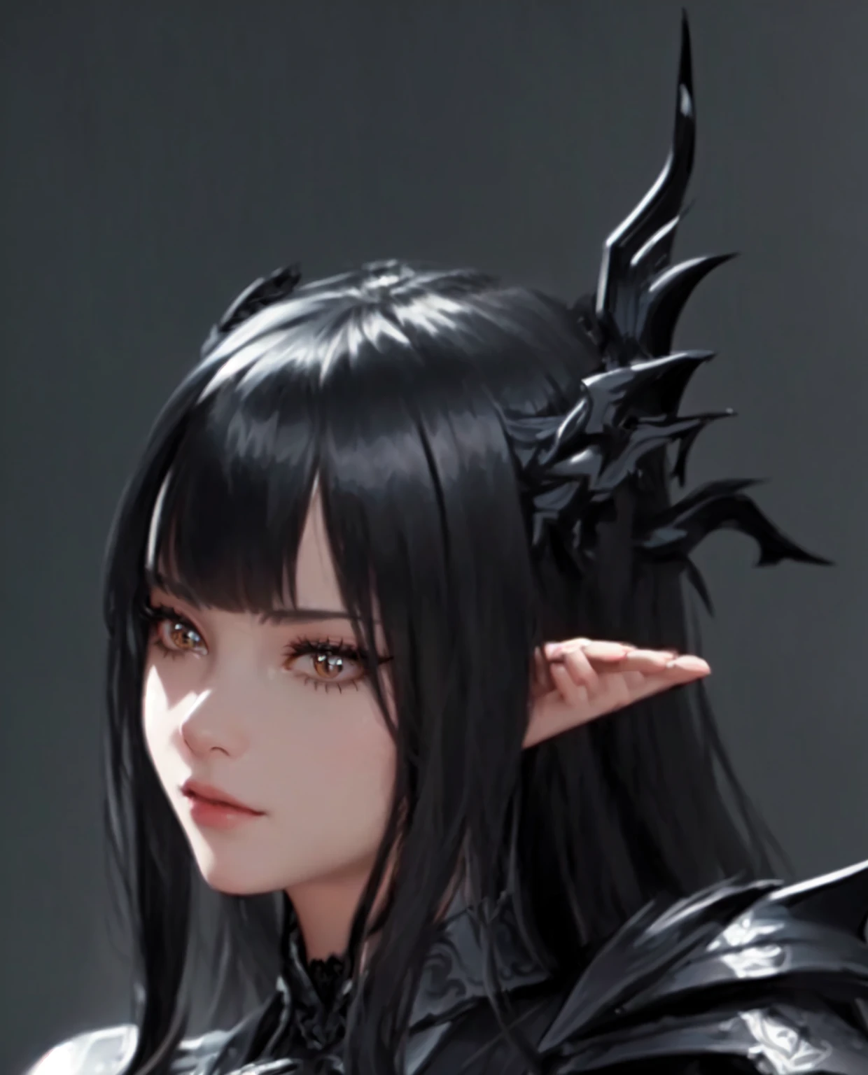 A man in black、Close-up of a black-haired person, Dark Elves, Dark Elves princess, Gu Weiss, beautiful Dark Elves countess, Black hair and black cat ears, dark fantasy style, Detail of long black hair, Fairy Queen, #11: Pixie Long Braided Brown Hair, Elf Girl, Lineage 2 Style, Female Elf, author:Yang J, Dark Elves maiden