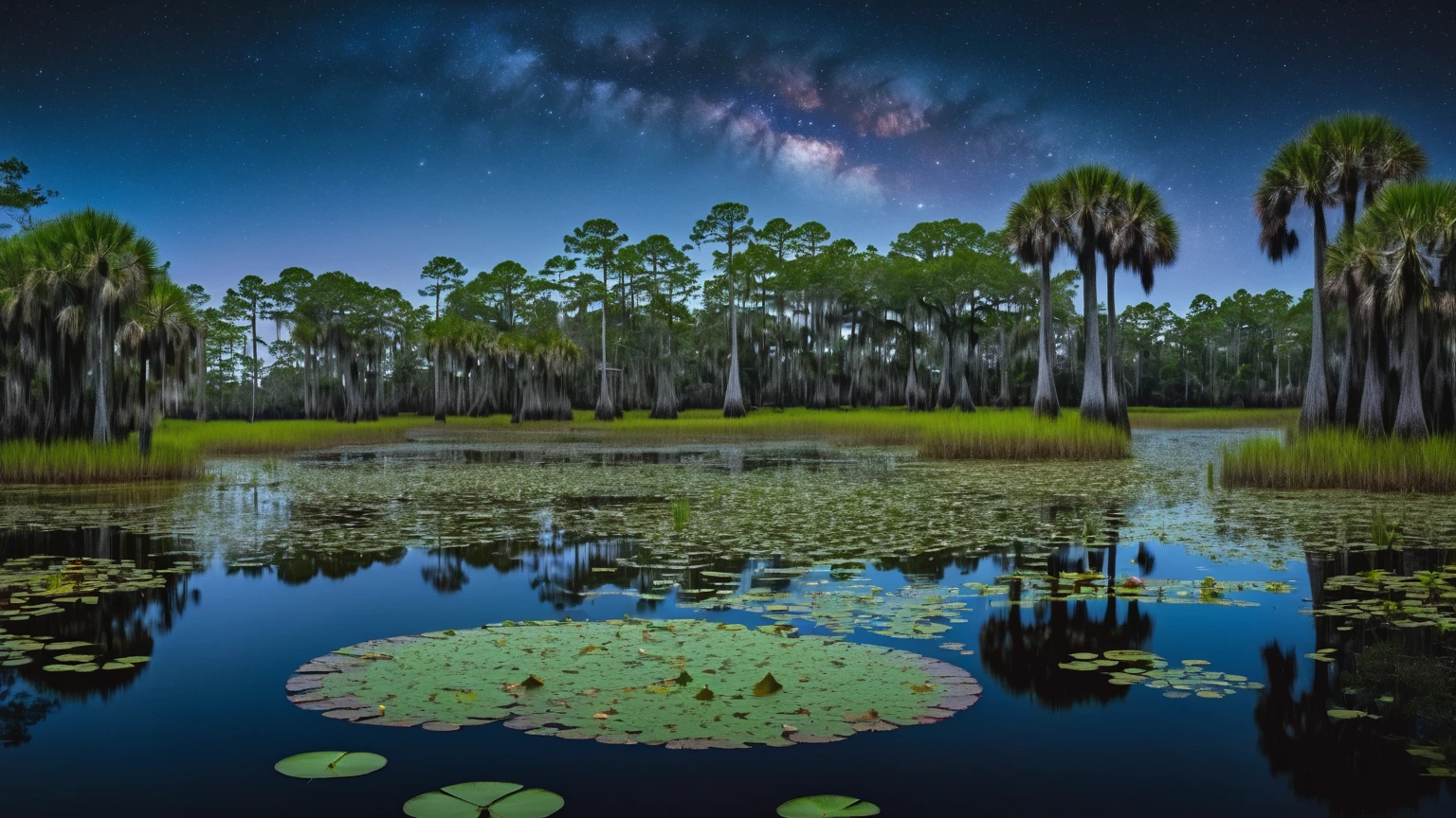 murky Louisiana swamp surrounded with bald cypress trees, huge lake with lily pads, palmetto bushes, night sky, night time, background