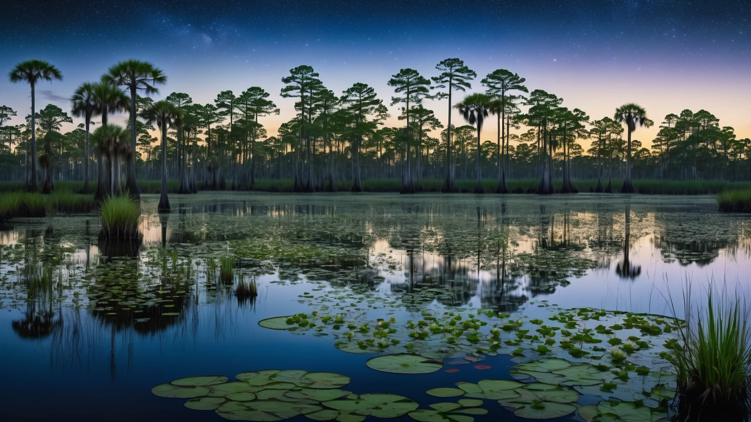 murky Louisiana swamp surrounded with bald cypress trees, huge lake with lily pads, palmetto bushes, night sky, night time, background