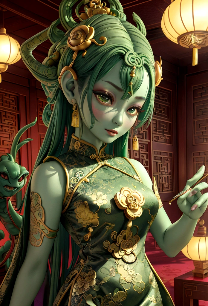 an alien creature,intricate cheongsam dress,asian royal room,green skin,barely humanoid,extremely detailed,photorealistic,ultra-detailed,masterpiece,8k,award winning art,dramatic lighting,ornate decor,ancient artifacts,opulent furnishings,silk embroidery,traditional chinese architecture