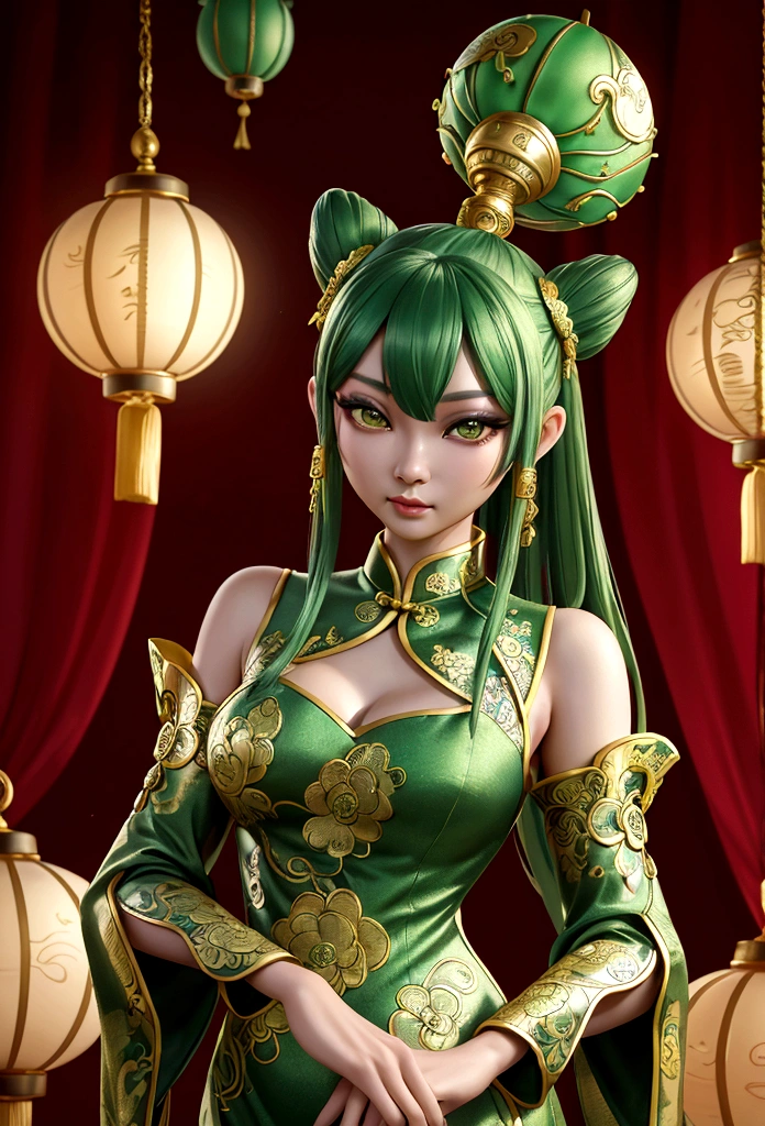 an alien creature,intricate cheongsam dress,asian royal room,green skin,barely humanoid,extremely detailed,photorealistic,ultra-detailed,masterpiece,8k,award winning art,dramatic lighting,ornate decor,ancient artifacts,opulent furnishings,silk embroidery,traditional chinese architecture