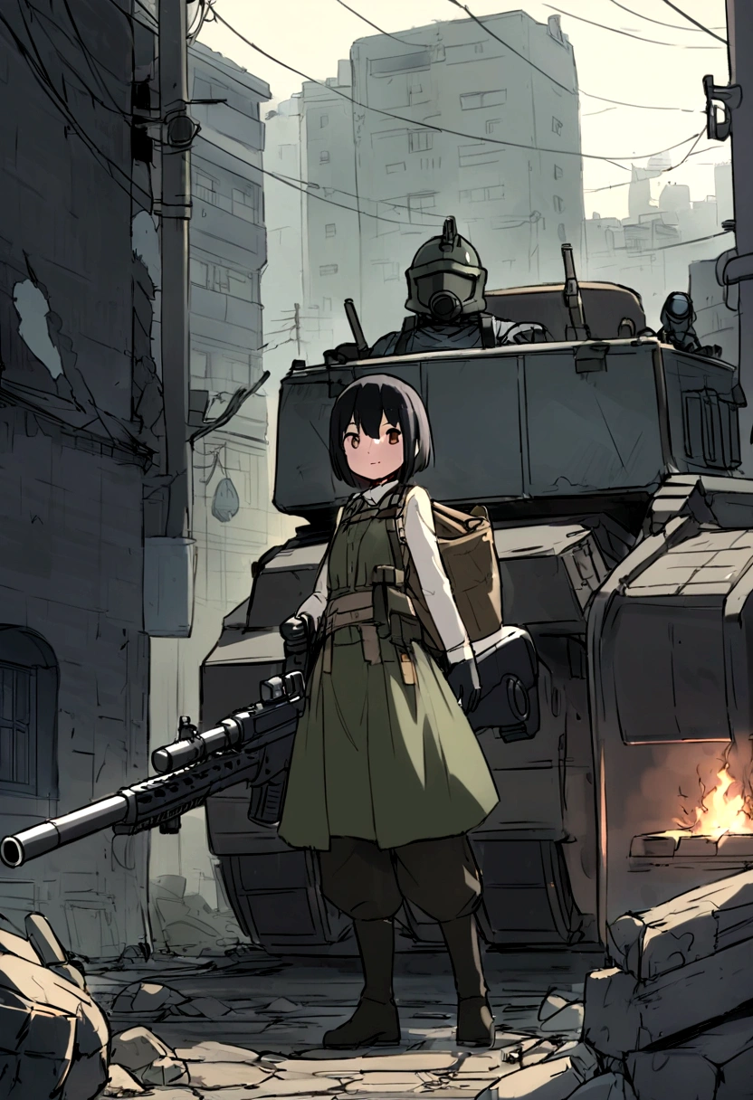 Mechanical、重tank、KV-1、Personificationanime、tankのパーツ、mechanical、Armor、tankの艤装、tankの部品でできた服、tankの部品が付いた服、Highest quality、high resolution、Detailed Description、Detailed Background、Accurate depiction、tank、tank娘、Personification、tankのPersonification、animeスタイル、anime、girl、battlefield、rubble、黒cigarette、cigarette、Hold a large caliber rifle、Big guns、Black Short Hair、Helmet、Sharp Eye、cute、night、battle、Urban area、Destroyed City