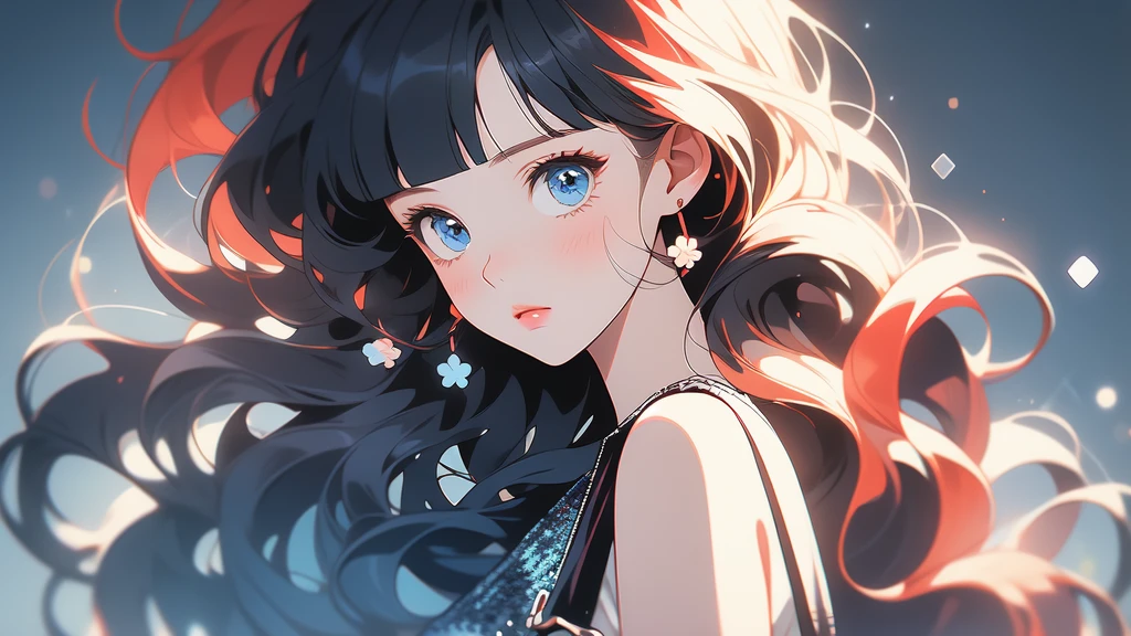 girl wearing a Black sundress, tight, simple anime style
Woman. Flower drawing on sequin overalls. Glossy white lips with sequins. Blunt bangs, red hair, long hair, blue eyes, solo,