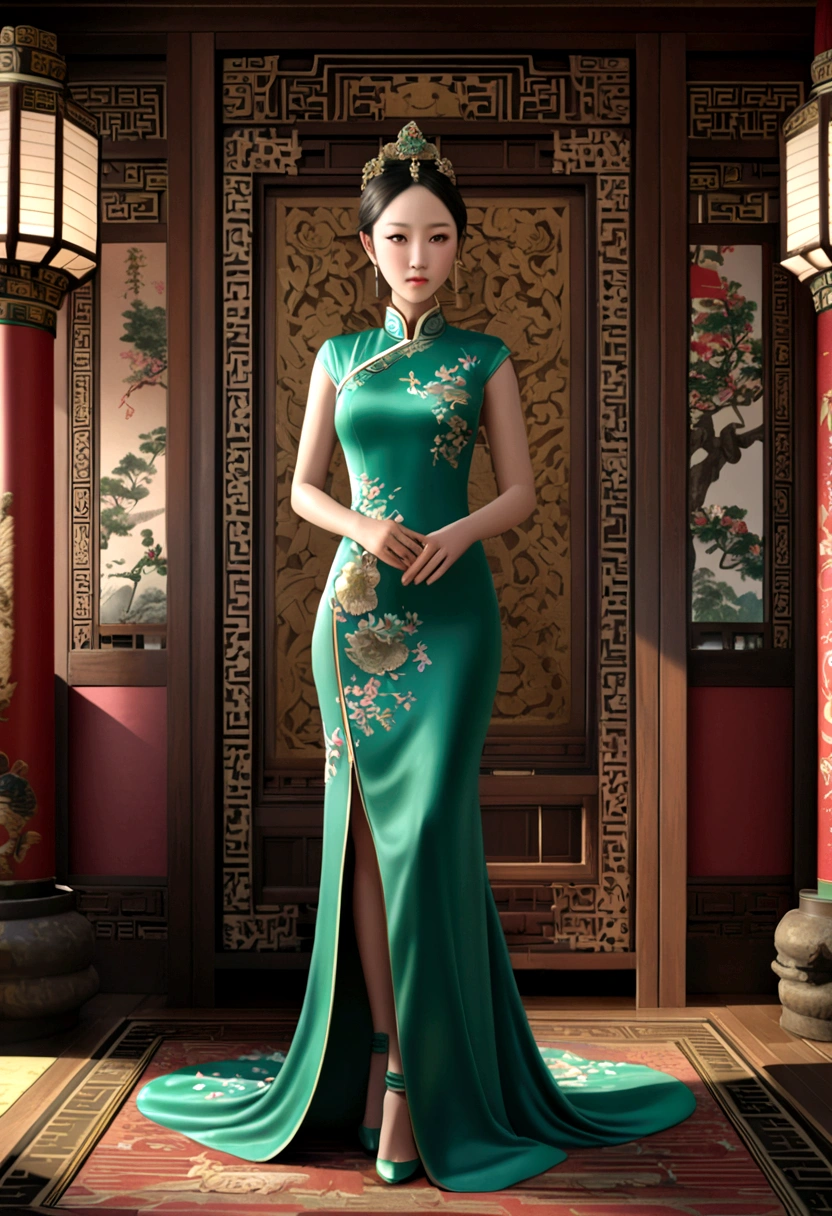 A highly detailed alien creature, barely humanoid, wearing an intricate, foam green cheongsam, in an Asian royally appointed room, (best quality,4k,8k,highres,masterpiece:1.2),ultra-detailed,(realistic,photorealistic,photo-realistic:1.37),extremely detailed eyes and face,extremely detailed cheongsam, ornate Asian architecture, intricate patterns, warm lighting, ornate decorations, ancient artifacts, rich textures, cinematic angle