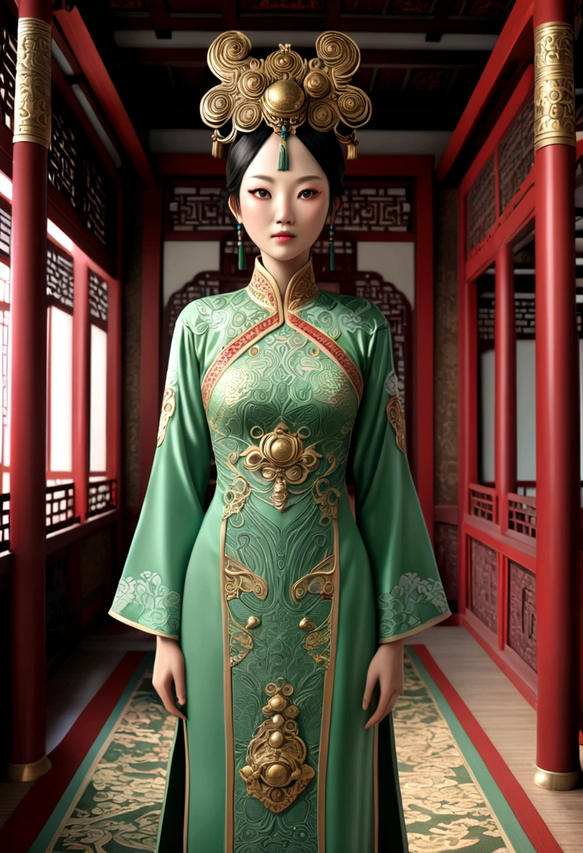 A highly detailed alien creature, barely humanoid, wearing an intricate, foam green cheongsam, in an Asian royally appointed room, (best quality,4k,8k,highres,masterpiece:1.2),ultra-detailed,(realistic,photorealistic,photo-realistic:1.37),extremely detailed eyes and face,extremely detailed cheongsam, ornate Asian architecture, intricate patterns, warm lighting, ornate decorations, ancient artifacts, rich textures, cinematic angle
