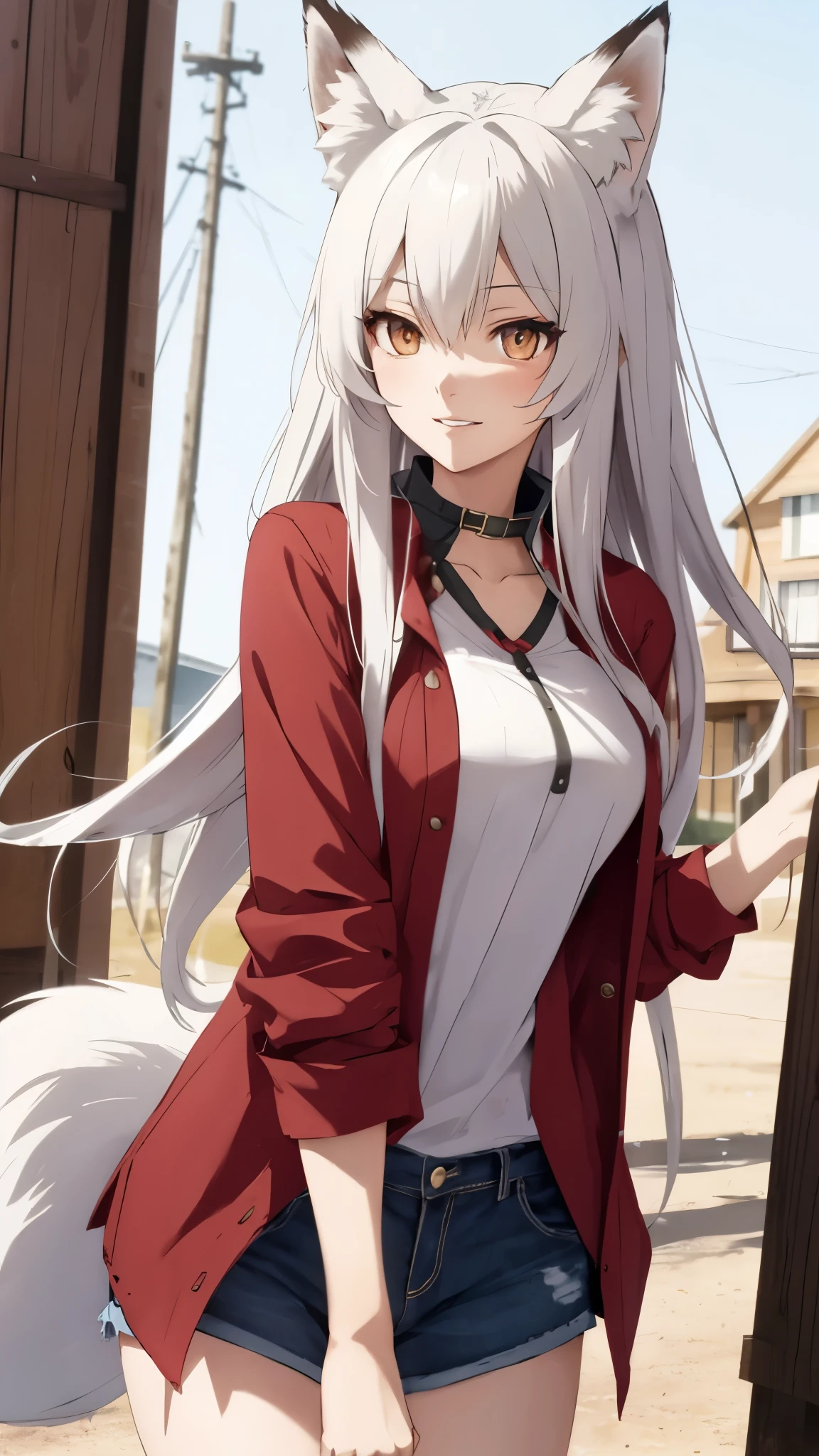 fox Girl, fox'Tail,A girl、 Open chest kimono,Long hair、Gentle、((Maid costume))、external、grassland