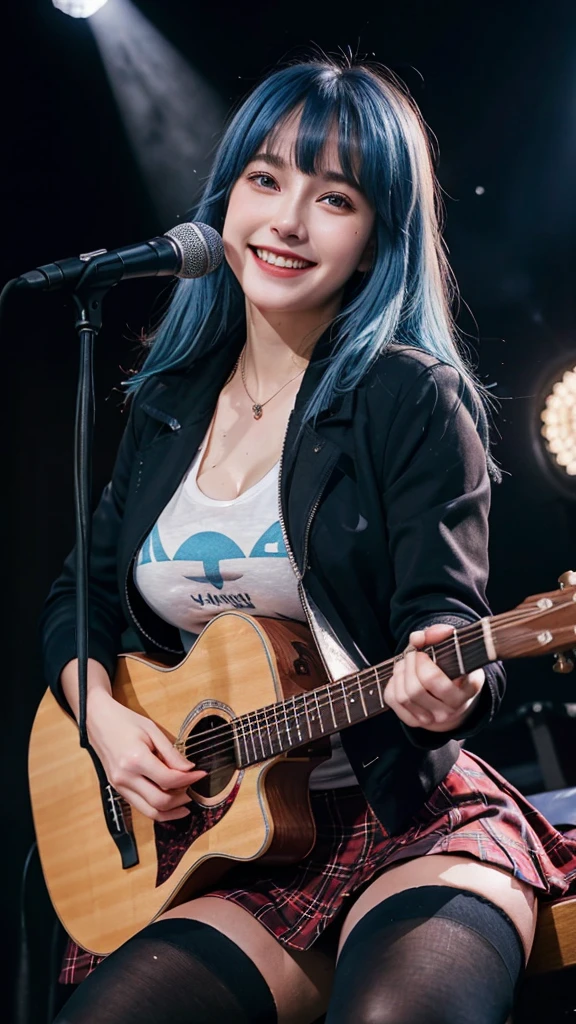 ((best quality)), photorealistic, photorealism, Photorealistic, high resolution, ((School girl blazer、 black t shirt、Red checked knee-length skirt、Long skirt、JK Style、Jacket、smile、Knee-high socks、Thigh-high socks、pantyhose))、smile、A superb beauty、Super cute、ennui、Rare beauty、Very Short hair、Sad、white skin、pale skin, Very short hair layered、Cute Smile、Fragrant beauty、Billboard background、Masterpiece、Best Quality、Refers to 5 books、Sweat glistening on my chest、Sweat glistening on my face、Large breasts、Blue hair、Age 20 years old、Mysterious look、A sad expression、Blue Hair、Glamorous concert stage、Enchanting lighting、Sweating profusely all over the body、A lot of sweat and light on the thighs、Shiny thighs、Plenty of sweat glistening on the thighs、A large amount of sweat glistens on my thighs、Sweating profusely、Gal、Large breasts、Beautiful face、Alluring expression、Sitting、Sitting playing guitar、Thick thighs、Playing guitar、I have a guitar、Sing a song enthusiastically、Playing guitar in a band、Rock band、Playing guitar chords、Live House Background、Sing a song、Open your mouth、Live house scenery、Mic stand、Glamorous live stage、Dynamic Angle、Cinematic lighting, Colorfull lighting