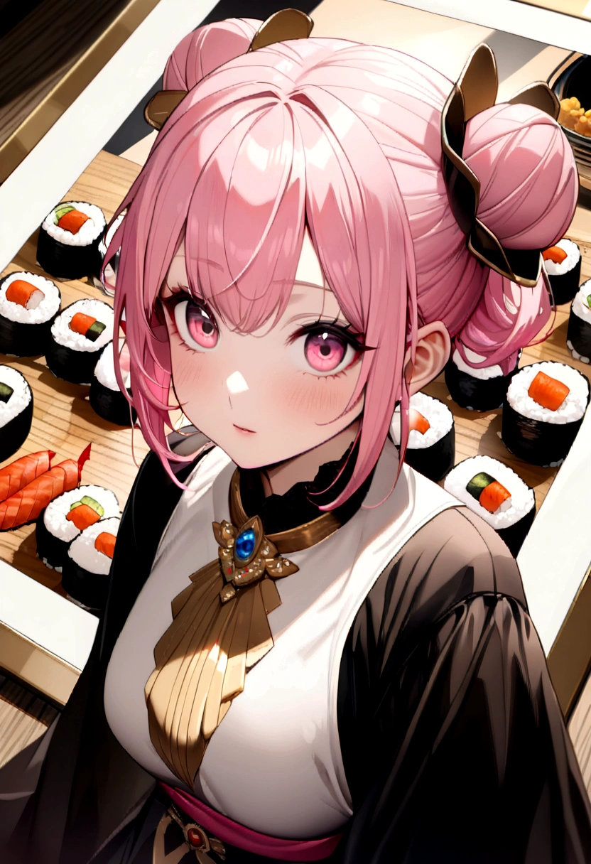 (((Luxurious golden most expensive sushi with rice and sauce))), Fried rice with shrimp, wine, photograph,((masterpiece))、(((Highest quality)))、((Super detailed))、 {Detailed and beautiful eyes}, finely,  Detailed and beautiful eyes,1 Girl, (alone:1.5),  (Hair Ribbon:0.4), Pink Eyes,Cinematic Angles,perspective,(((White bun hair))),(((Long pink hair))),