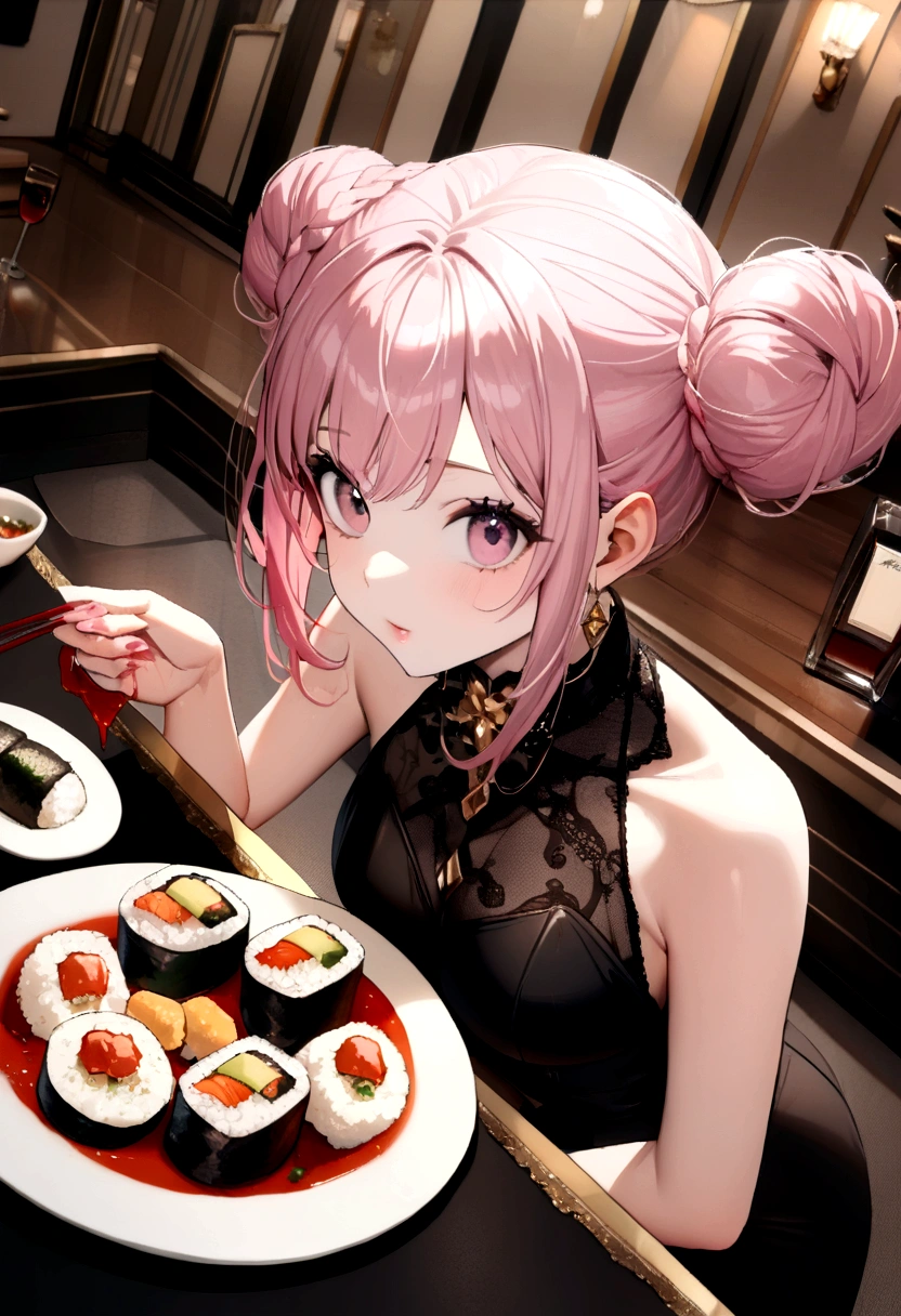 (((Luxurious golden most expensive sushi with rice and sauce))), Fried rice with shrimp, wine, photograph,((masterpiece))、(((Highest quality)))、((Super detailed))、 {Detailed and beautiful eyes}, finely,  Detailed and beautiful eyes,1 Girl, (alone:1.5),  (Hair Ribbon:0.4), Pink Eyes,Cinematic Angles,perspective,(((White bun hair))),(((Long pink hair))),