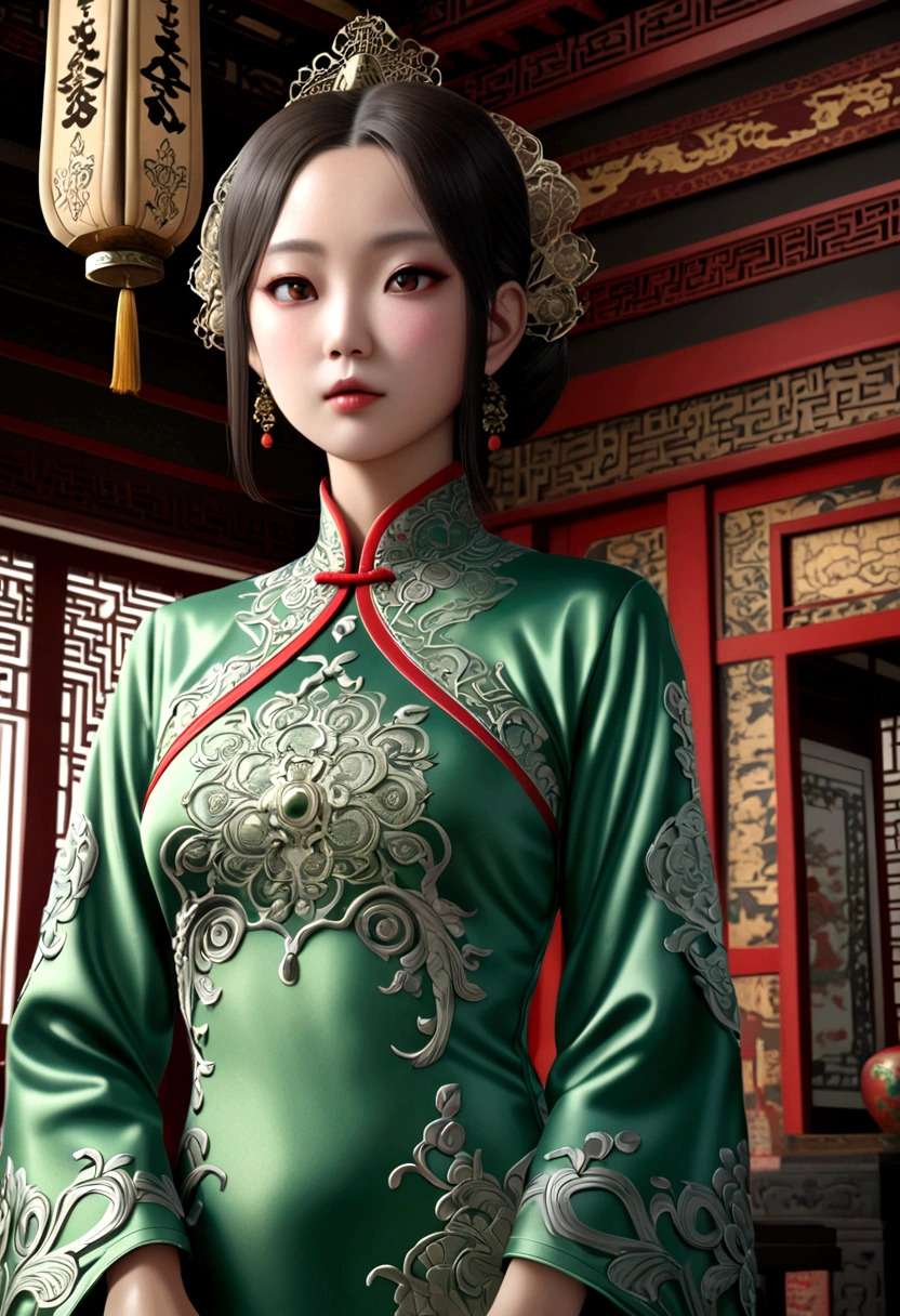 A highly detailed alien creature, barely humanoid, wearing an intricate, foam green cheongsam, in an Asian royally appointed room, (best quality,4k,8k,highres,masterpiece:1.2),ultra-detailed,(realistic,photorealistic,photo-realistic:1.37),extremely detailed eyes and face,extremely detailed cheongsam, ornate Asian architecture, intricate patterns, warm lighting, ornate decorations, ancient artifacts, rich textures, cinematic angle