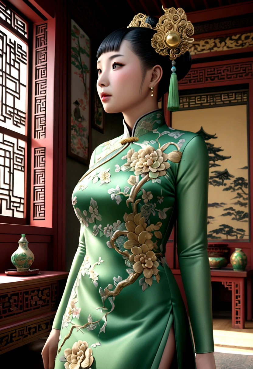 A highly detailed alien creature, barely humanoid, wearing an intricate, foam green cheongsam, in an Asian royally appointed room, (best quality,4k,8k,highres,masterpiece:1.2),ultra-detailed,(realistic,photorealistic,photo-realistic:1.37),extremely detailed eyes and face,extremely detailed cheongsam, ornate Asian architecture, intricate patterns, warm lighting, ornate decorations, ancient artifacts, rich textures, cinematic angle
