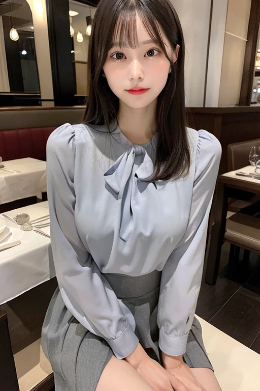 Japanese woman in her 40oist eyes、Hair is semi-long、Shiny blouse、Blouse has a ribbon、Knee-length grey tight skirt、Neat sex appeal、Eyes on the camera、Realistic photos、The location is a restaurant