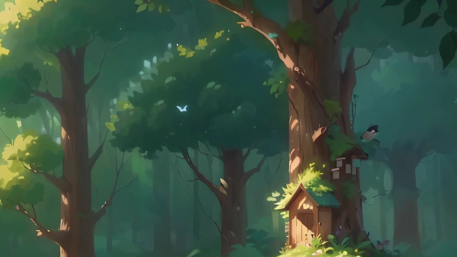 there is a cartoon picture of a forest with a bird on the tree, background art, anime background art, background artwork, anime lush john 8k woods, anime background, loish and wlop, forest backdrop, painted in anime painter studio, forest details, forest in the background, forest outside, anime nature, soft forest background, forest, behind a forest
