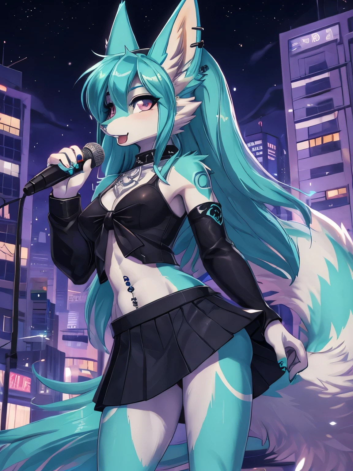 Chica anime,tennage girl 18 years old, anime style, cute hatsune miku x suicune, Chica tímida , Orejas de Kitsune, arte de dark natasha, city landscape, arte de vixen aztra, cuerpo completo, platas hermosas, cintura delgado, caderas amplias, piernas torneadas, hermosa, foto de cuerpo completo, navel blouse, black skirt, navel piercing, ear piercing, navel tattoo, atrevid pose, back pose, fluffly tail, sensual eyes (la mejor definicion) long hair, black flash, city party, city night life, party girl, idol girl, girl with microphone singing