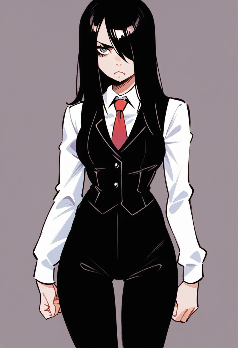 score_9, score_8_up, score_7_up, expressive eyes, perfect face, 1girl, solo, long hair, breasts, looking at viewer, skirt, simple background, shirt, black hair, long sleeves, closed mouth, white shirt, cowboy shot, necktie, collared shirt, hair over one eye, black vest, black pants, frown, piercing, half-closed eyes, red necktie, cropped legs, one eye covered