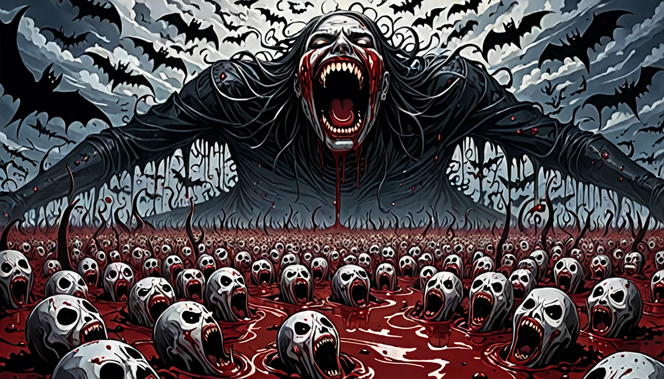 a world made of nightmares where the sky is covered in screaming faces and the ground is full of human teeth and blood art style is surreal