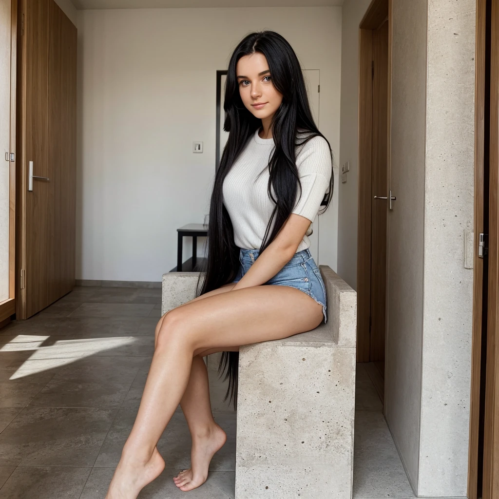 A 25 years old Caucasian woman with Hazel eyes and long black hair posing nudely inside a cemented apartment in Switzerland at noon