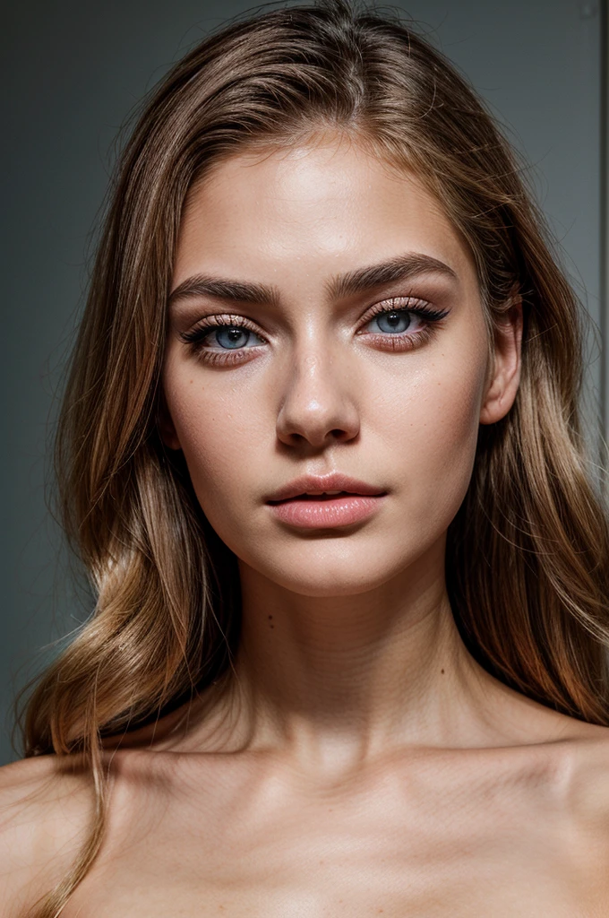 Realistic photo of beautiful 20-year-old woman with model appearance, sophisticated face, small thin nose, thick lips, thick dark eyebrows, high cheekbones, light blue almond eyes, long and dark eyelashes, blonde hair, instagram influencer, light makeup. Head and shoulders portrait. Hyperdetailed.