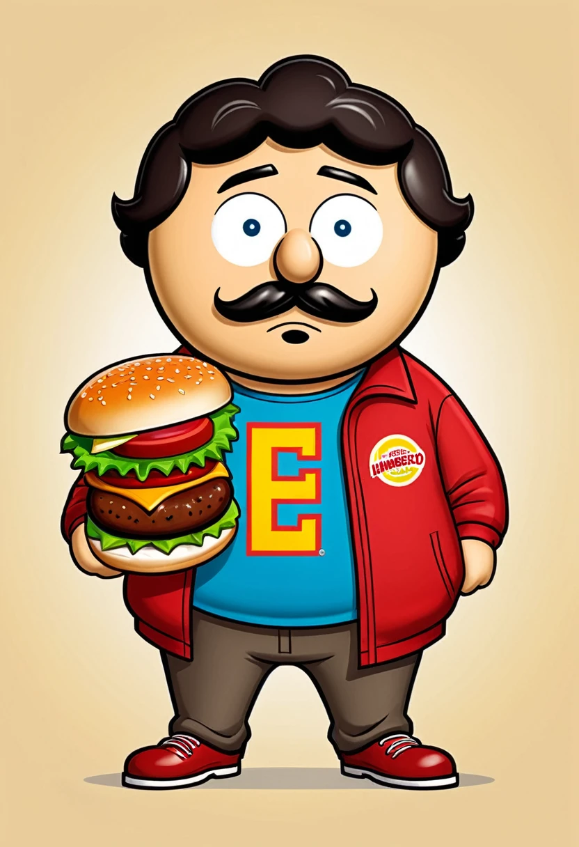 Generate a logo mascot of a Hamburguer Man for a restaurant called "El Hambreado" where hotdogs and hamburgers are served. El estilo de dibujo tiene que ser el de la serie "South Park"