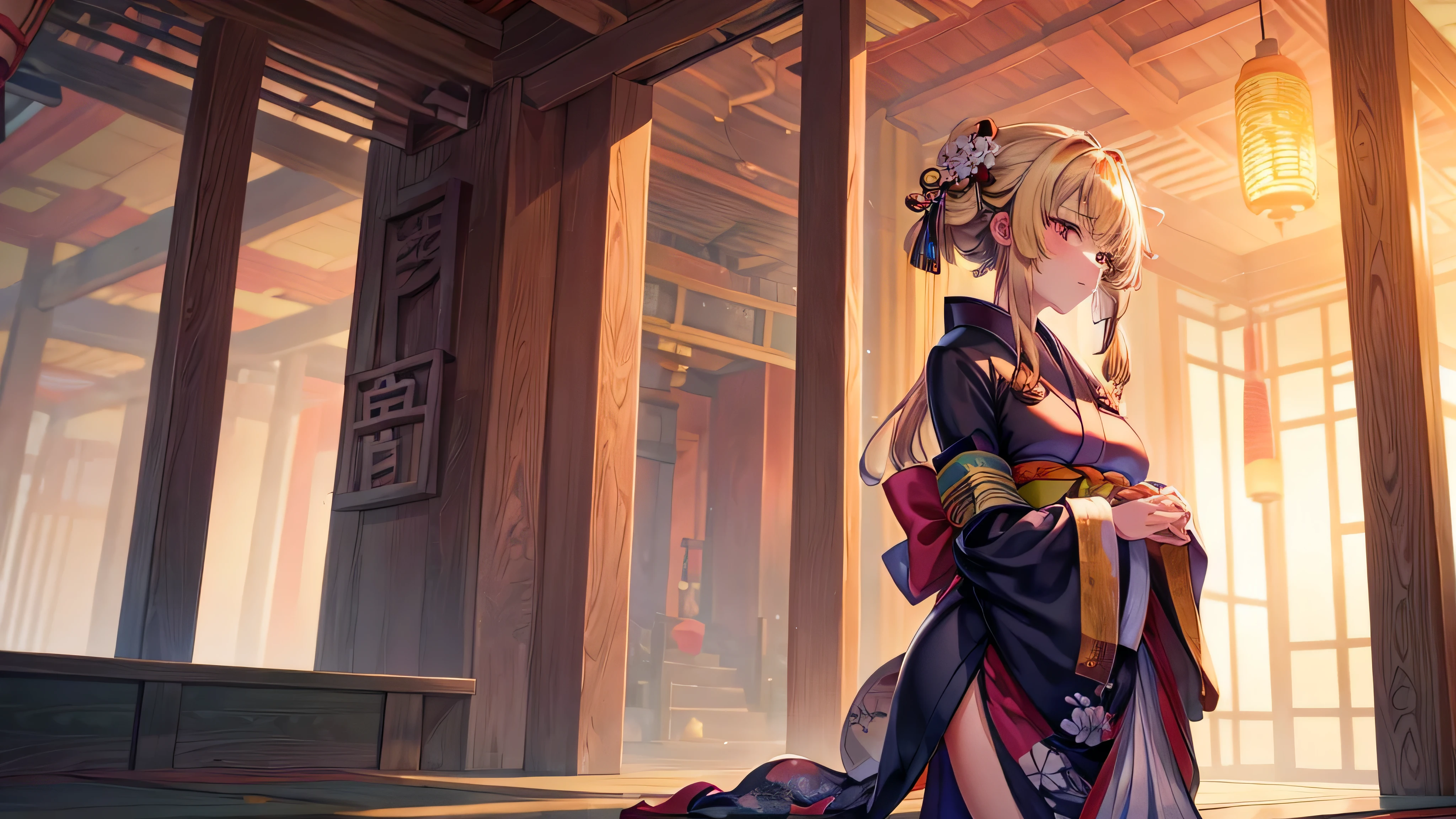 kaela praying in temple, wearing kimono, vibrant color, colorful