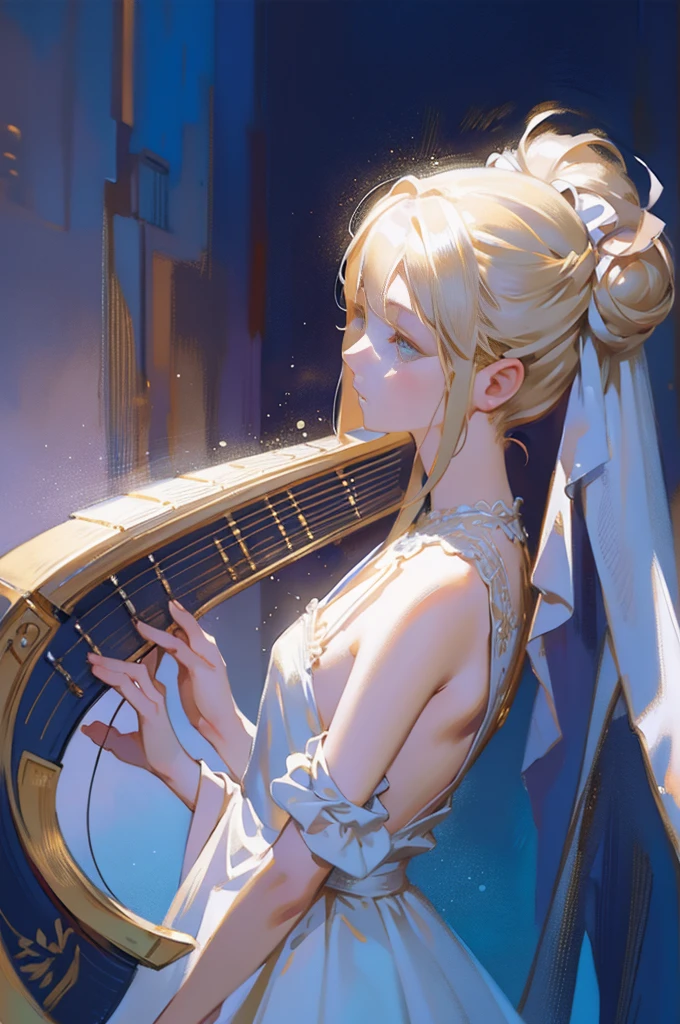 full-body portraits，(Play the harp), (Drawing of girl playing harp), white dresses，low head，With his eyes closed，Mandy Jürgens (Mandy Jurgens) Realistic paintings created, Perverted, arte figurativa, Detailed depiction of the, realistically, An artwork of, contours， seen from the side， simple backgound