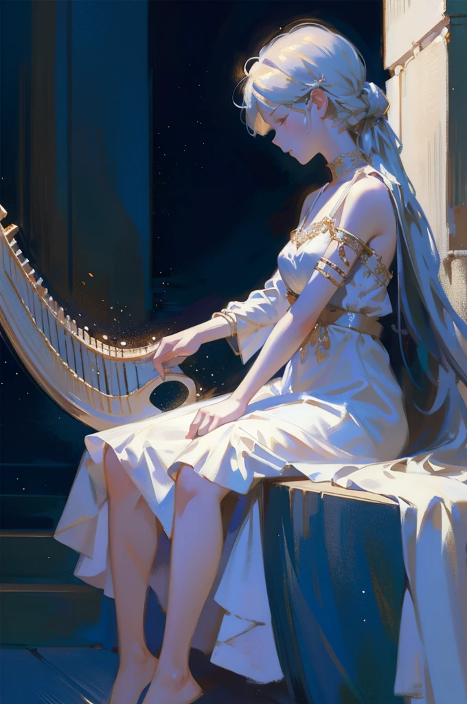 full-body portraits，(Play the harp), (Drawing of girl playing harp), white dresses，low head，With his eyes closed，Mandy Jürgens (Mandy Jurgens) Realistic paintings created, Perverted, arte figurativa, Detailed depiction of the, realistically, An artwork of, contours， seen from the side， simple backgound
